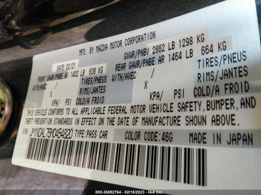 2021 MAZDA MX-5 MIATA RF CLUB JM1NDAL76M0454820