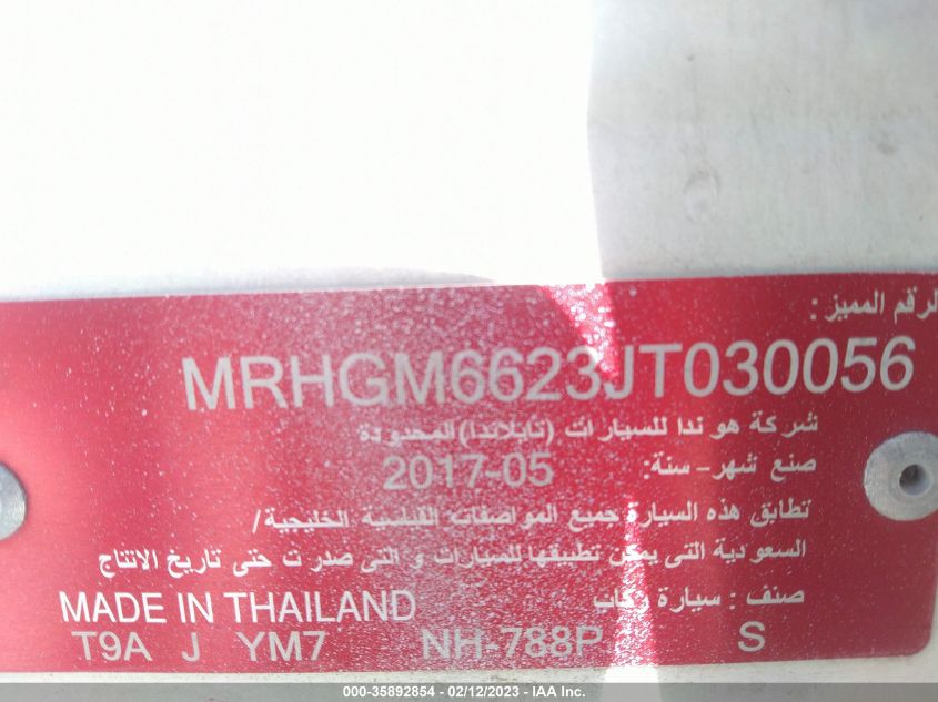 2018 HONDA CITY - MRHGM6623JT030056