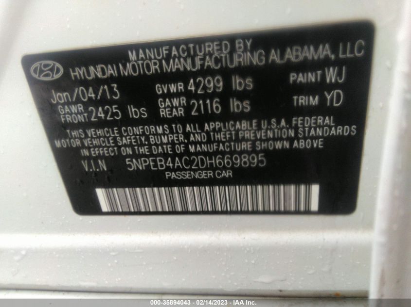 VIN 5NPEB4AC2DH669895 2013 HYUNDAI SONATA no.9