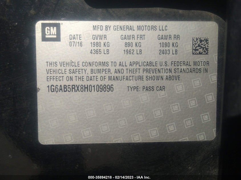 VIN 1G6AB5RX8H0109896 2017 CADILLAC ATS SEDAN LUXURY RWD