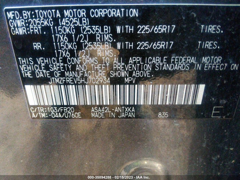 VIN JTMZFREV5HJ702934 2017 TOYOTA RAV4 LE