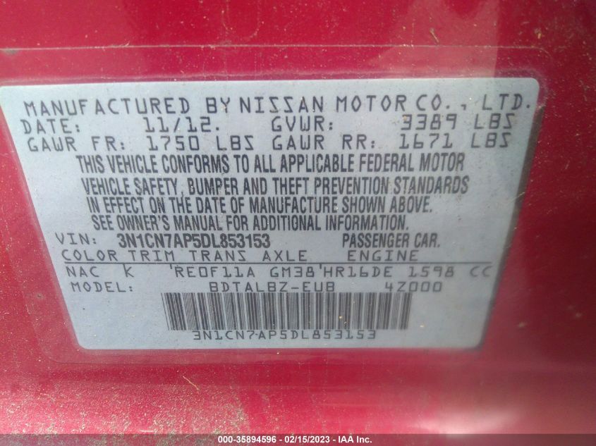 2013 NISSAN VERSA SV - 3N1CN7AP5DL853153