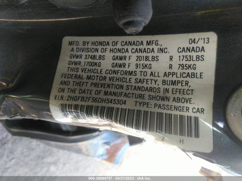 2013 HONDA CIVIC SDN LX - 2HGFB2F56DH545304
