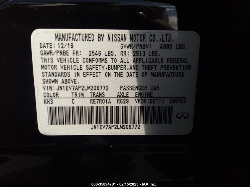 VIN JN1EV7AP2LM206772 2020 INFINITI Q50 3.0T LUXE