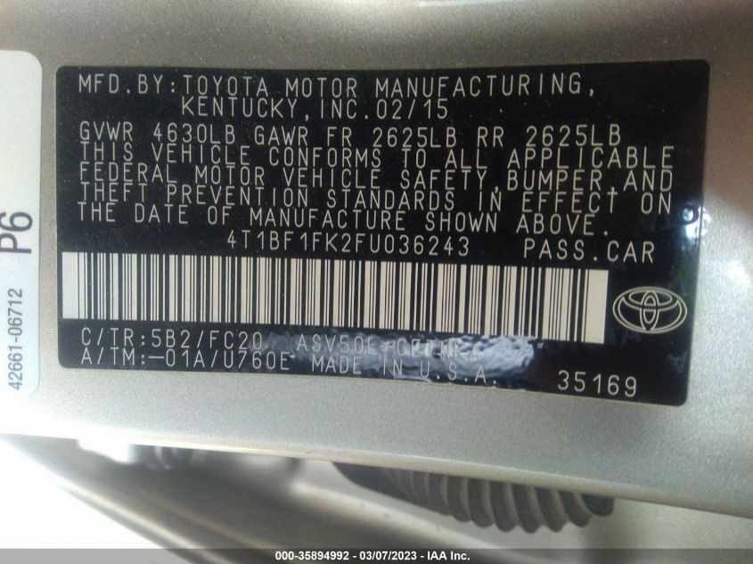 2015 TOYOTA CAMRY XLE/SE/LE/XSE - 4T1BF1FK2FU036243
