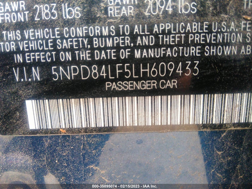 2020 HYUNDAI ELANTRA VIN: 5NPD84LF5LH609433