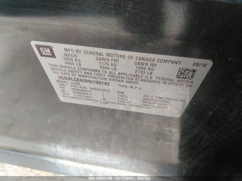 VIN 2GNALCEK0H6190142 2017 CHEVROLET EQUINOX LT