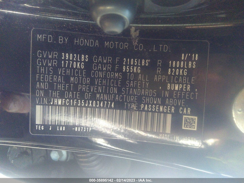 VIN JHMFC1F35JX034774 2018 HONDA CIVIC SEDAN EX-T