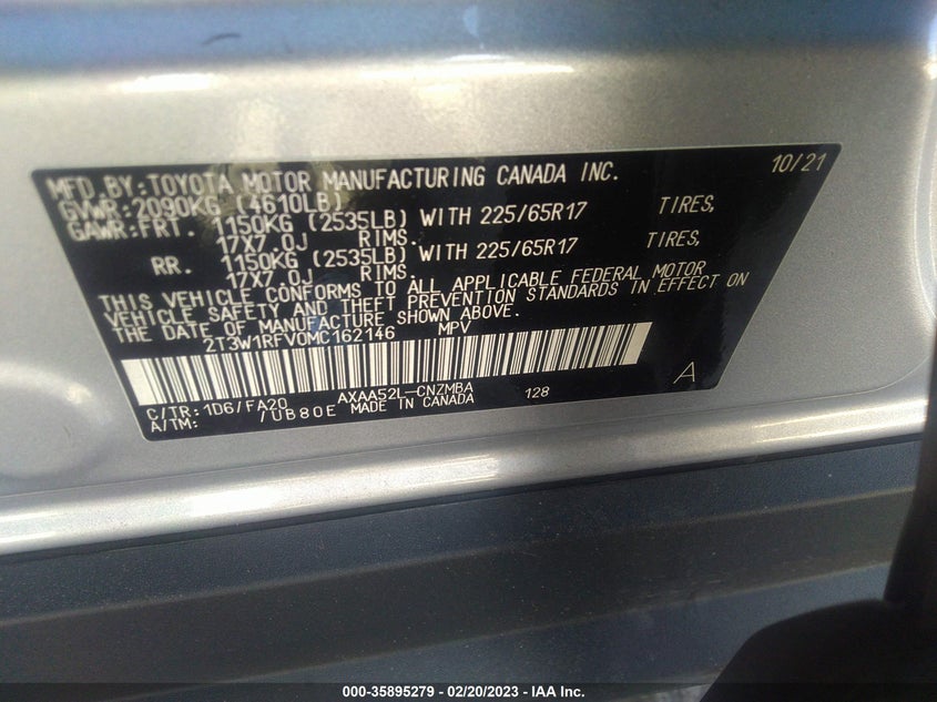 VIN 2T3W1RFV0MC162146 2021 TOYOTA RAV4 XLE