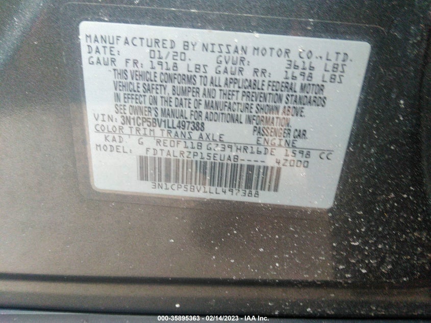 VIN 3N1CP5BV1LL497388 2020 NISSAN KICKS S
