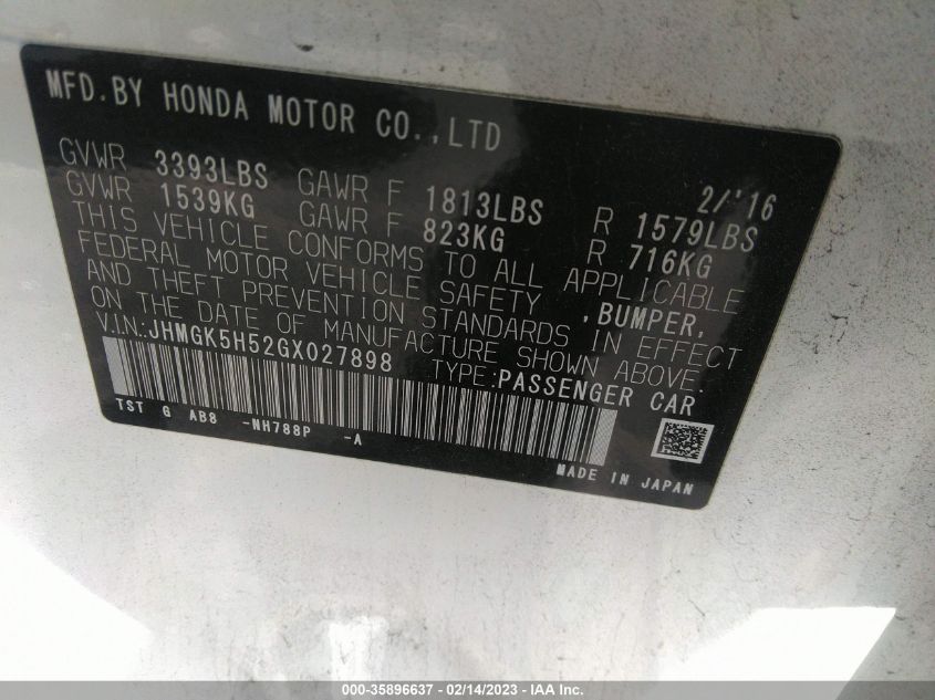 2016 HONDA FIT LX - JHMGK5H52GX027898