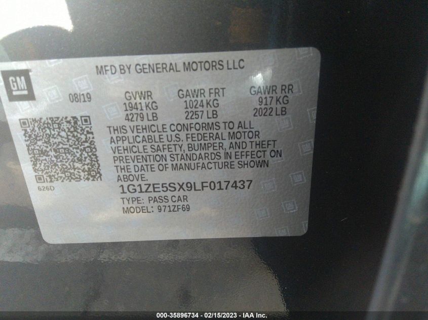 Auction sale of the 2020 CHEVROLET MALIBU , vin: 1G1ZE5SX9LF017437, lot number: 35896734