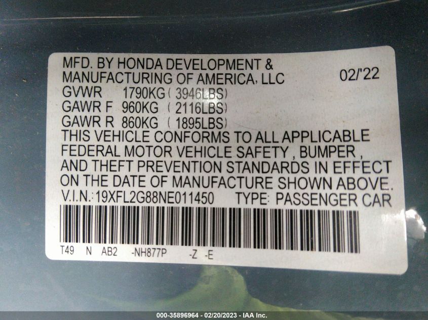 2022 HONDA CIVIC HATCHBACK SPORT - 19XFL2G88NE011450
