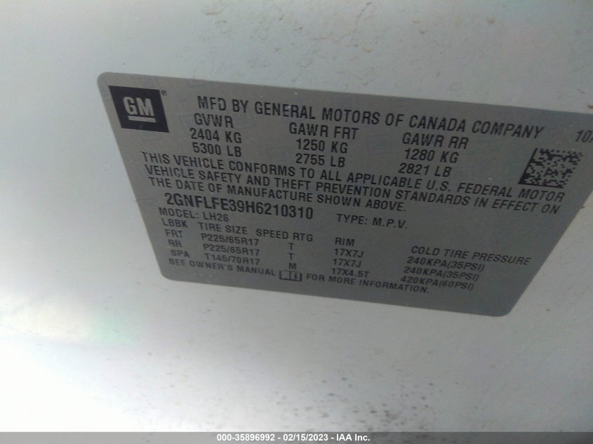 VIN 2GNFLFE39H6210310 2017 CHEVROLET EQUINOX LT