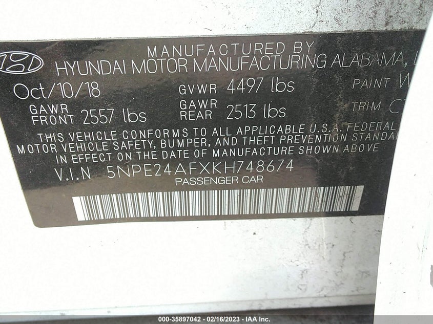 VIN 5NPE24AFXKH748674 2019 HYUNDAI SONATA SE