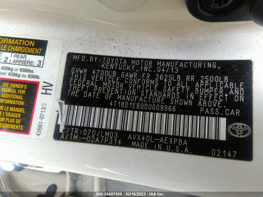 2013 TOYOTA AVALON HYBRID XLE PREMIUM 4T1BD1EB0DU009966