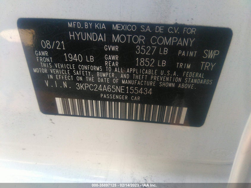 VIN 3KPC24A65NE155434 2022 HYUNDAI ACCENT SE