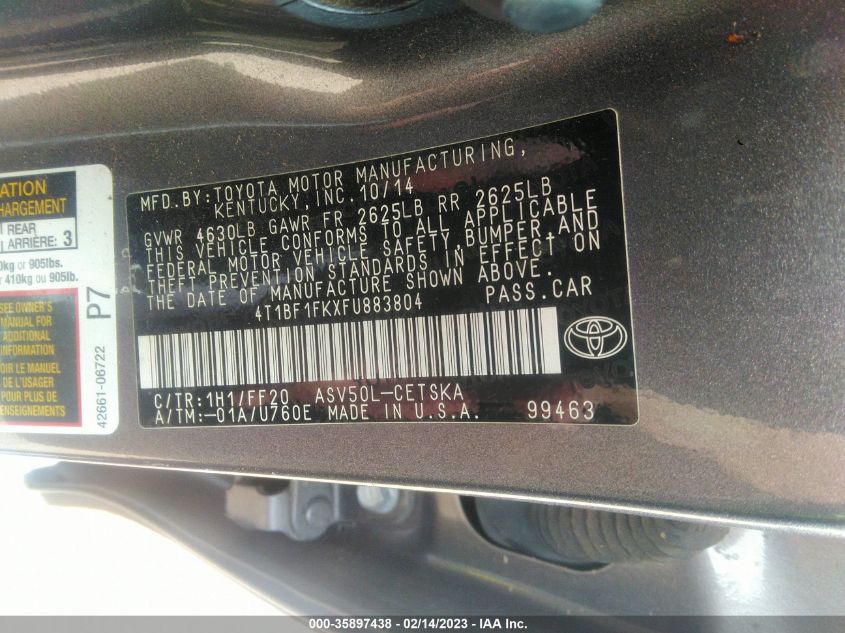 2015 TOYOTA CAMRY XLE/SE/LE/XSE - 4T1BF1FKXFU883804