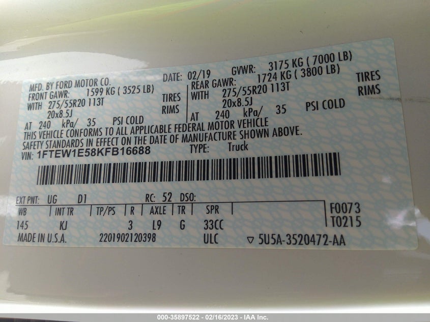 VIN 1FTEW1E58KFB16688 2019 FORD F-150 XL/XLT/LARIAT