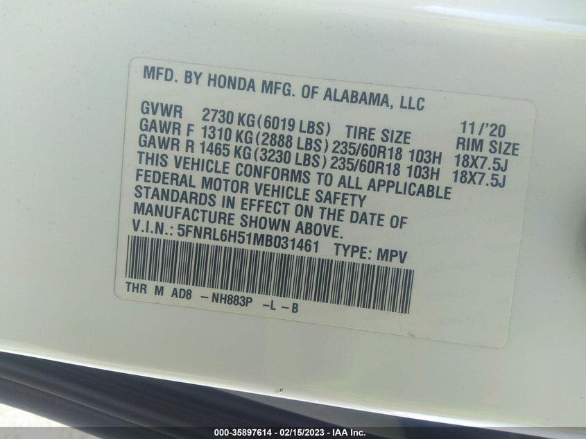 VIN 5FNRL6H51MB031461 2021 HONDA ODYSSEY EX
