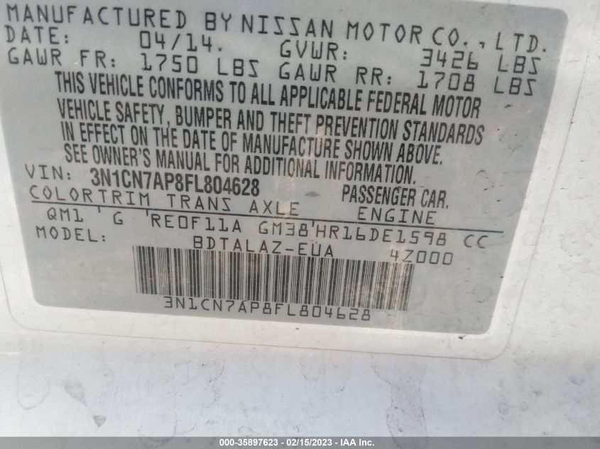 2015 NISSAN VERSA S PLUS - 3N1CN7AP8FL804628