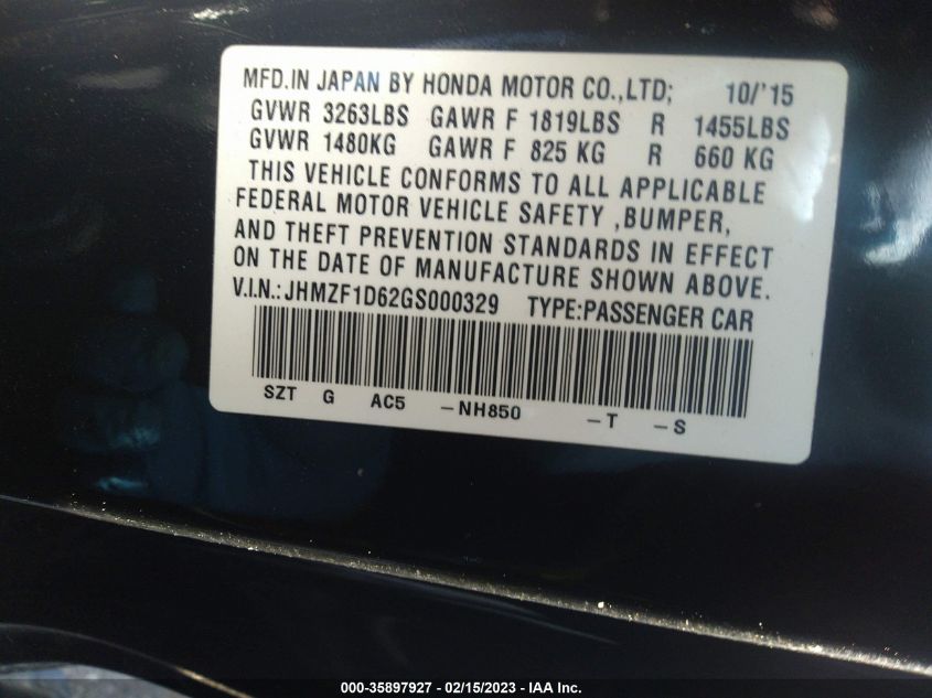 2016 HONDA CR-Z EX/EX-L JHMZF1D62GS000329