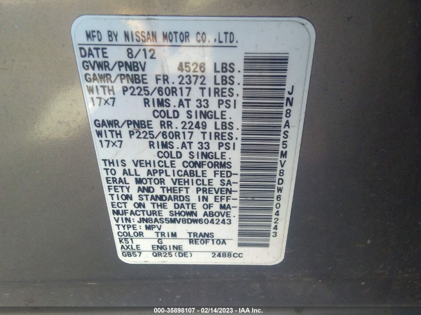 2013 NISSAN ROGUE SV - JN8AS5MV8DW604243