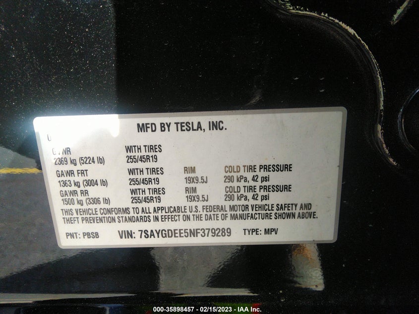 VIN 7SAYGDEE5NF379289 2022 TESLA MODEL Y LONG RANGE