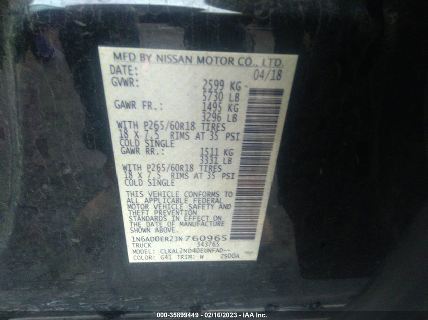 VIN 1N6AD0ER2JN760965 2018 NISSAN FRONTIER SV V6