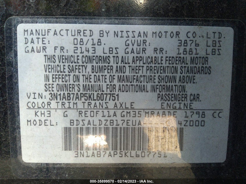 VIN 3N1AB7AP5KL607751 2019 NISSAN SENTRA SV