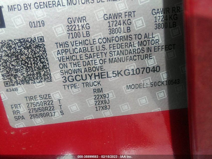 2019 CHEVROLET SILVERADO 1500 HIGH COUNTRY - 3GCUYHEL5KG107040