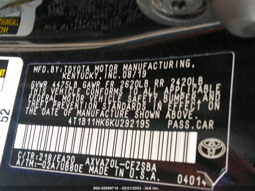 2019 TOYOTA CAMRY SE - 4T1B11HK6KU292195