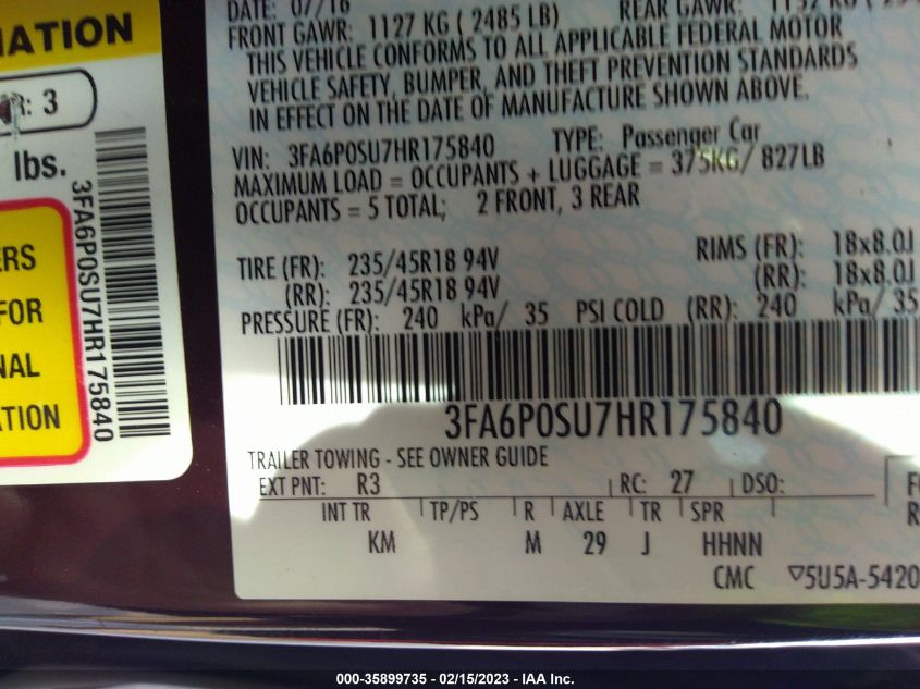2017 FORD FUSION ENERGI TITANIUM/PLATINUM - 3FA6P0SU7HR175840