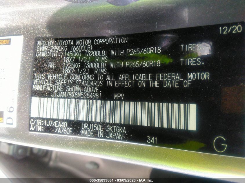 2021 LEXUS GX GX 460 PREMIUM JTJAM7BX8M5284981