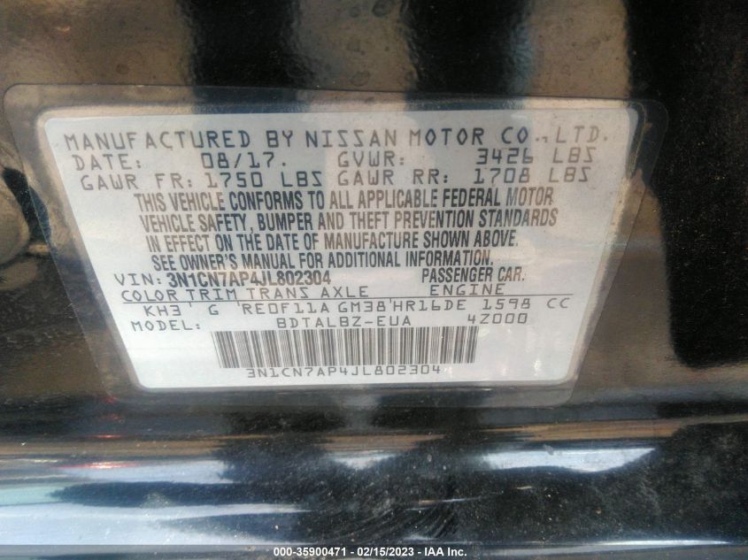 2018 NISSAN VERSA 1.6 SV - 3N1CN7AP4JL802304