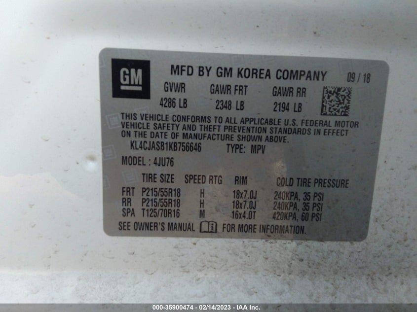VIN KL4CJASB1KB756646 2019 BUICK ENCORE PREFERRED