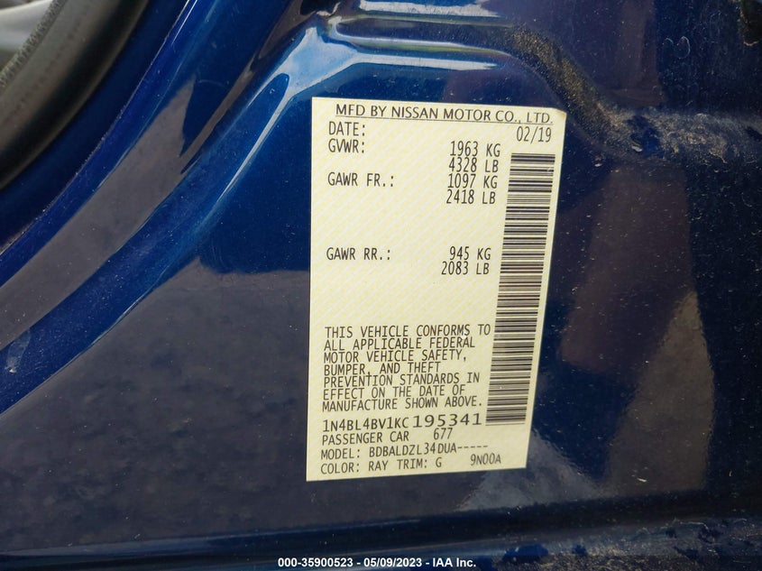 VIN 1N4BL4BV1KC195341 2019 NISSAN ALTIMA 2.5 S