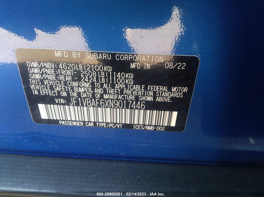 VIN JF1VBAF6XN9017446 2022 SUBARU WRX PREMIUM