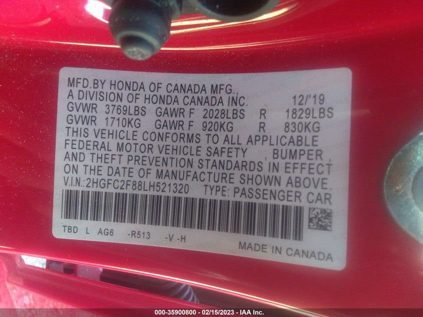 VIN 2HGFC2F88LH521320 2020 HONDA CIVIC SEDAN SPORT