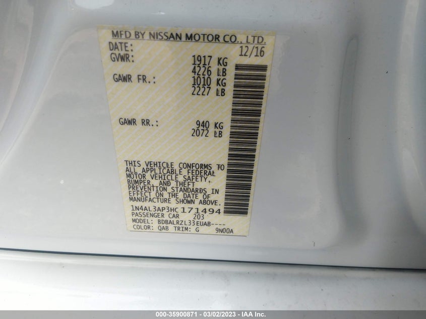 VIN 1N4AL3AP3HC171494 2017 NISSAN ALTIMA 2.5 SL