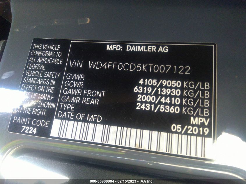 2019 MERCEDES-BENZ SPRINTER VAN WD4FF0CD5KT007122
