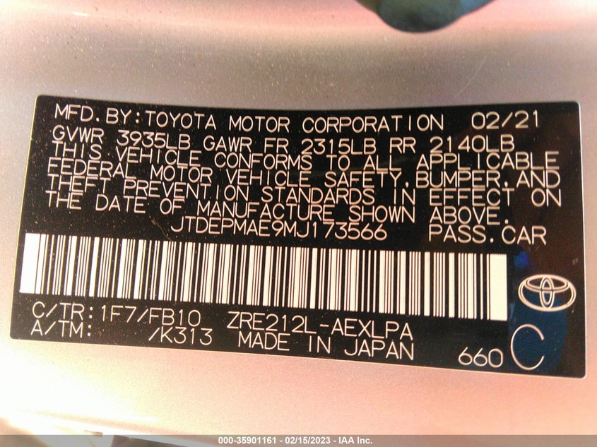 VIN JTDEPMAE9MJ173566 2021 TOYOTA COROLLA LE
