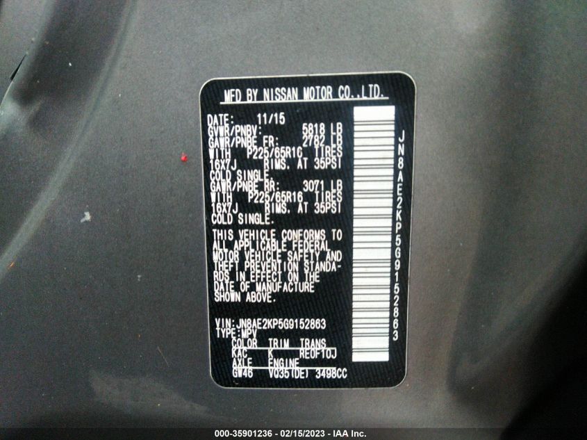 2016 NISSAN QUEST SV/S/PLATINUM/SL - JN8AE2KP5G9152863