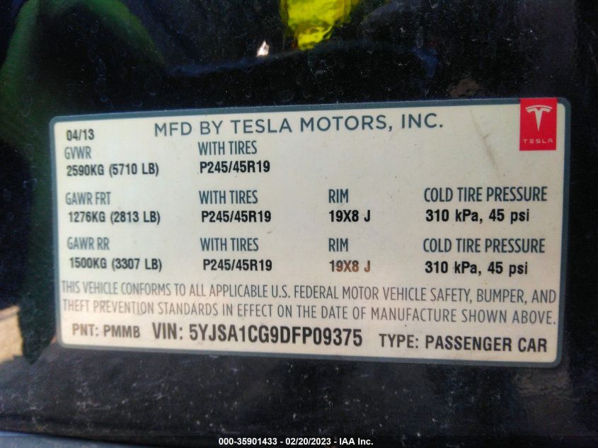 2013 TESLA MODEL S - 5YJSA1CG9DFP09375