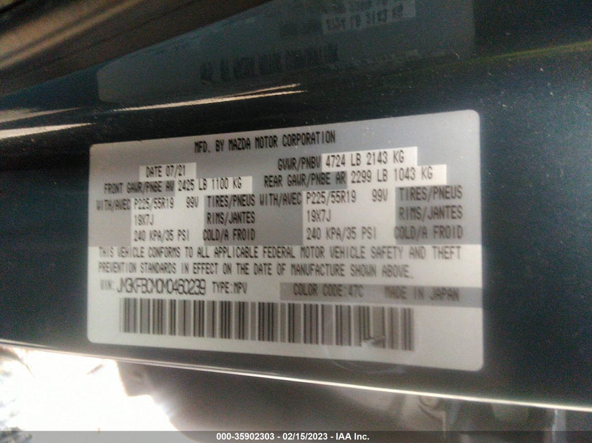 VIN JM3KFBCM0M0460239 2021 MAZDA CX-5 CARBON EDITION