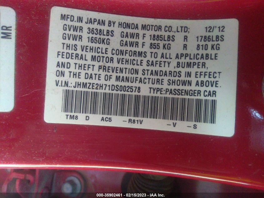2013 HONDA INSIGHT EX - JHMZE2H71DS002578