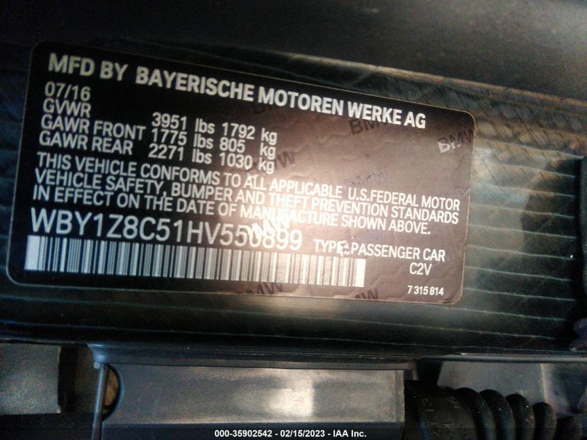 2017 BMW I3 - WBY1Z8C51HV550899