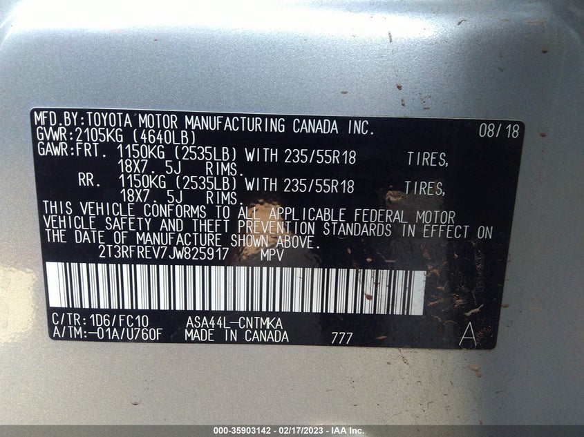 VIN 2T3RFREV7JW825917 2018 TOYOTA RAV4 XLE/ADVENTURE