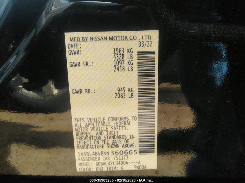VIN 1N4BL4BV8NN360665 2022 NISSAN ALTIMA 2.5 S