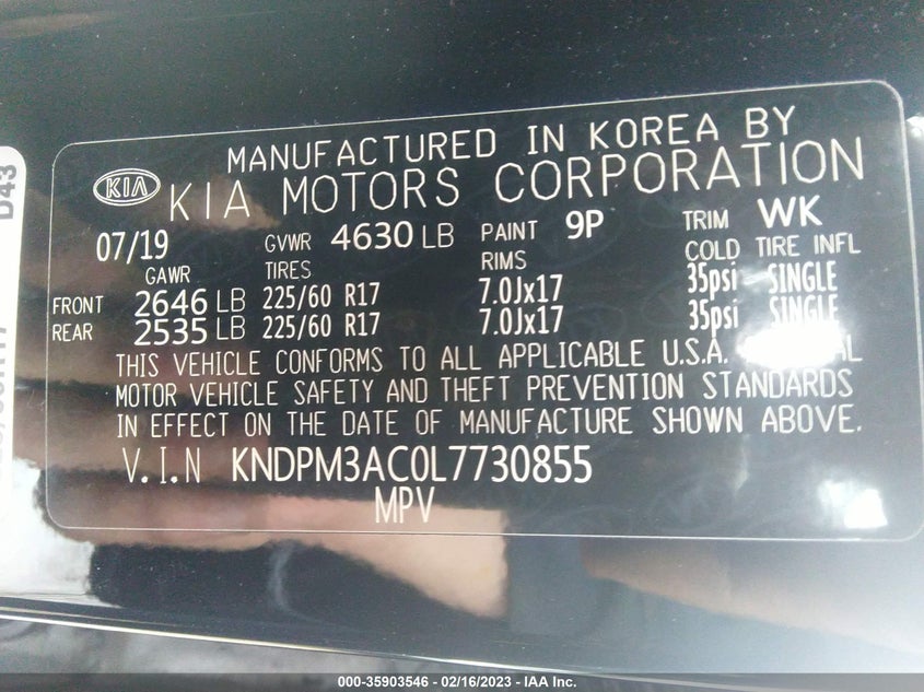 VIN KNDPM3AC0L7730855 2020 KIA SPORTAGE LX